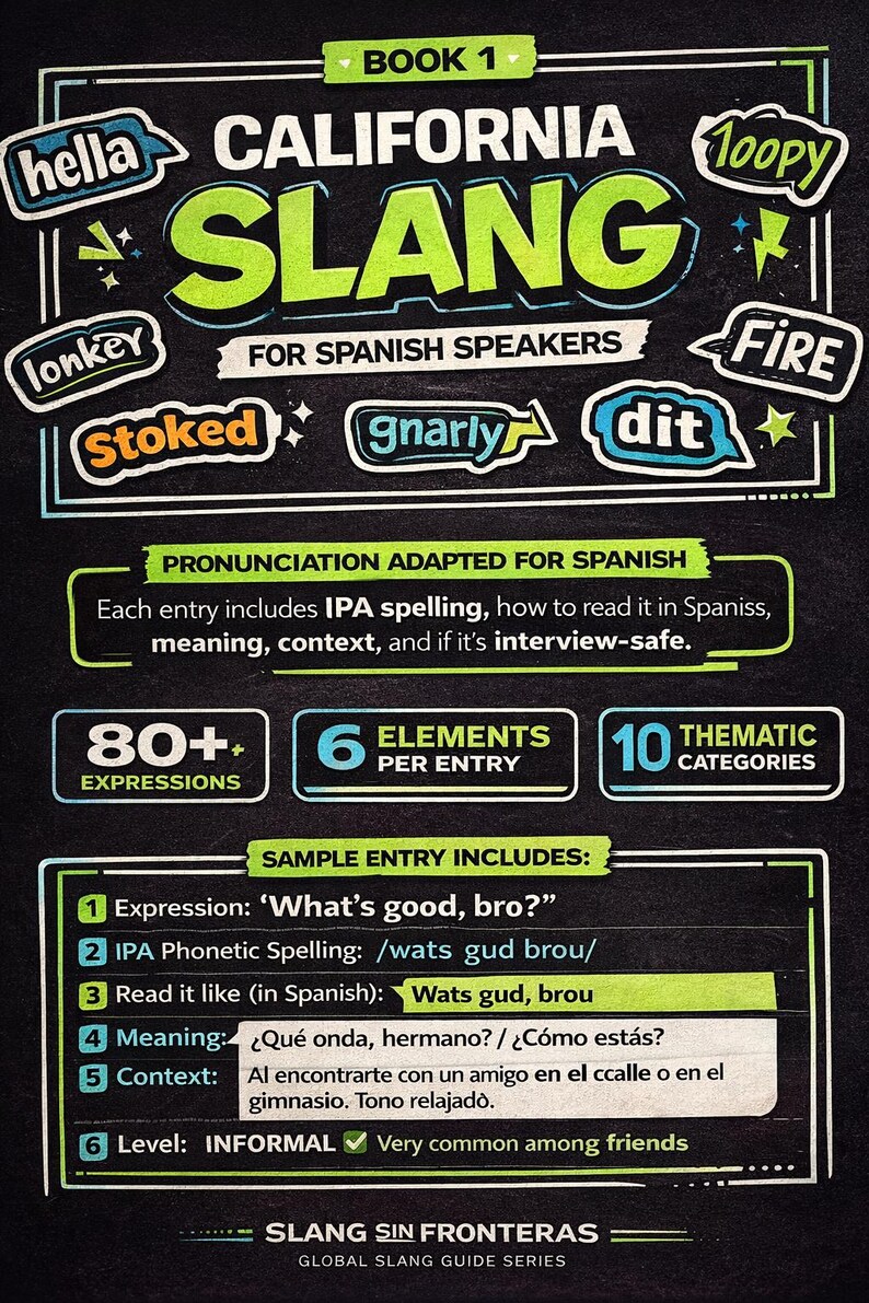 May include: A black and white book cover titled "California Slang for Spanish Speakers." The cover features the word "SLANG" in large, green letters, with various slang terms like "hella" and "gnarly" in colorful speech bubbles. The book includes 80+ expressions and 10 thematic categories.