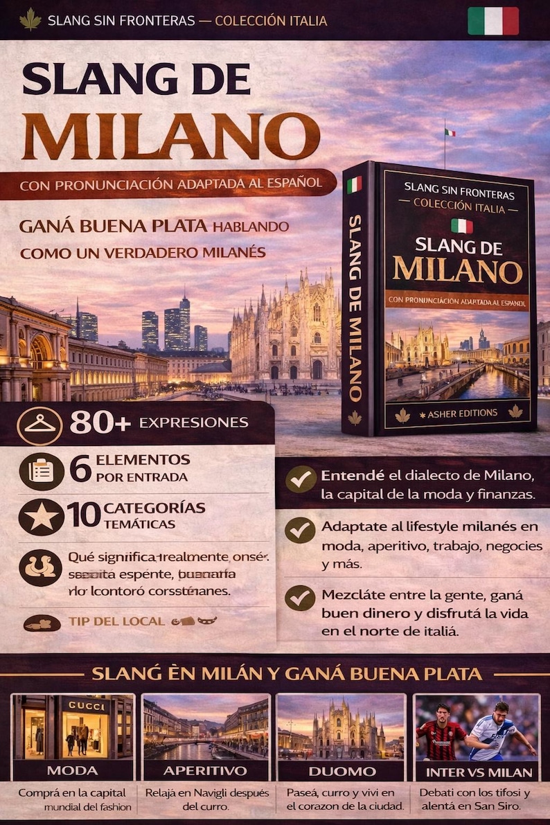 May include: A book cover and promotional material for "Slang de Milano," a guide to Milanese slang. The cover features the title in large, gold letters, with Italian flag accents. Additional text highlights the book's features.