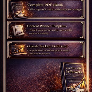 May include: A dark purple graphic with gold borders and text. It lists the contents of a marketing guide: a PDF eBook, content planner templates, and a growth tracking dashboard. A book titled "Your First 1000 Followers" is also shown, with a gold arrow graphic.