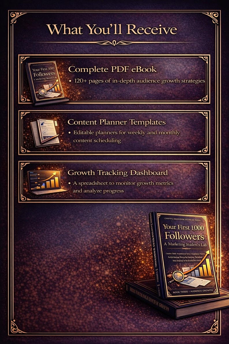 May include: A dark purple graphic with gold borders and text. It lists the contents of a marketing guide: a PDF eBook, content planner templates, and a growth tracking dashboard. A book titled "Your First 1000 Followers" is also shown, with a gold arrow graphic.