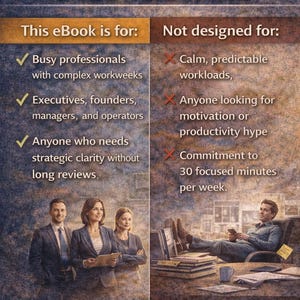 May include: An advertisement for an eBook titled "WEEKLY REVIEW FOR REAL WORKWEEKS." The image lists who the eBook is for and not for, with a group of professionals on the left and a man relaxing on the right. The text reads "FOCUS ON CLEAR THINKING, NOT MOTIVATIONAL PRODUCTIVITY."