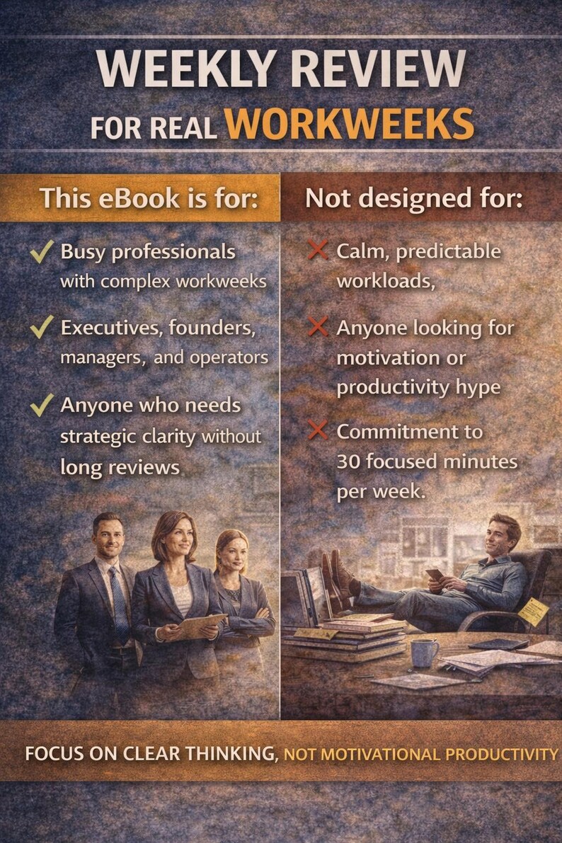 May include: An advertisement for an eBook titled "WEEKLY REVIEW FOR REAL WORKWEEKS." The image lists who the eBook is for and not for, with a group of professionals on the left and a man relaxing on the right. The text reads "FOCUS ON CLEAR THINKING, NOT MOTIVATIONAL PRODUCTIVITY."