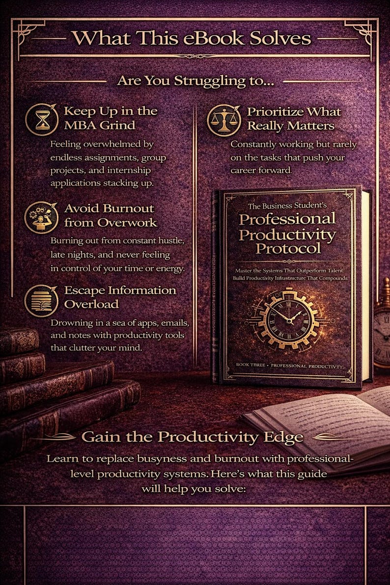 Puede incluir: Una portada de libro electr&oacute;nico titulada "The Business Student's Professional Productivity Protocol" con un gr&aacute;fico de reloj. La portada est&aacute; sobre una mesa con otros libros. La imagen enumera los problemas que el libro electr&oacute;nico resuelve, incluido el agotamiento y la sobrecarga de informaci&oacute;n.