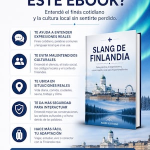 May include: An ebook cover titled "Slang de Finlandia" with a cityscape illustration. The cover features text in Spanish, promising to help readers understand Finnish slang and culture. Icons highlight key topics like expressions, culture, and real-life situations.