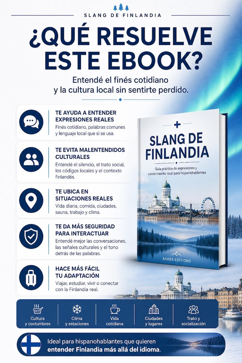 May include: An ebook cover titled "Slang de Finlandia" with a cityscape illustration. The cover features text in Spanish, promising to help readers understand Finnish slang and culture. Icons highlight key topics like expressions, culture, and real-life situations.