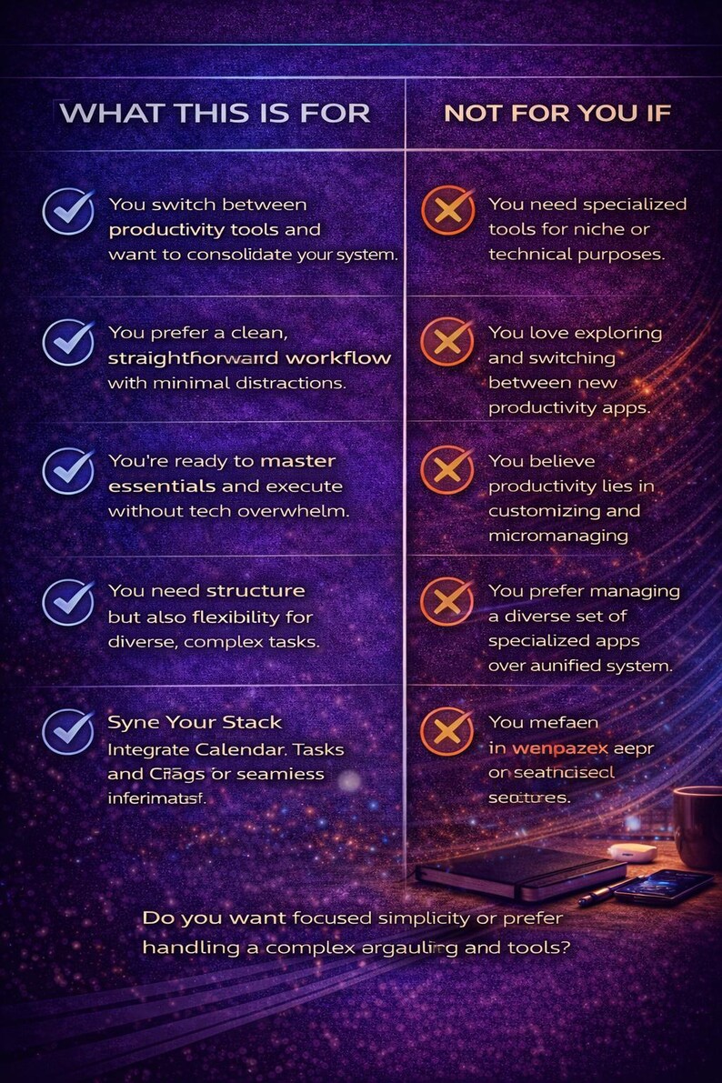 May include: A digital graphic with text in white and gold on a purple background. The text is divided into two columns: "WHAT THIS IS FOR" and "NOT FOR YOU IF". The image lists features and benefits of a productivity tool.