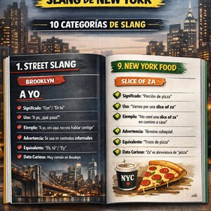 Puede incluir: Un libro abierto con ejemplos de jerga neoyorquina. Una p&aacute;gina presenta "A YO" de Brooklyn, y la otra muestra "SLICE OF ZA" con una porci&oacute;n de pizza y una taza de caf&eacute;.