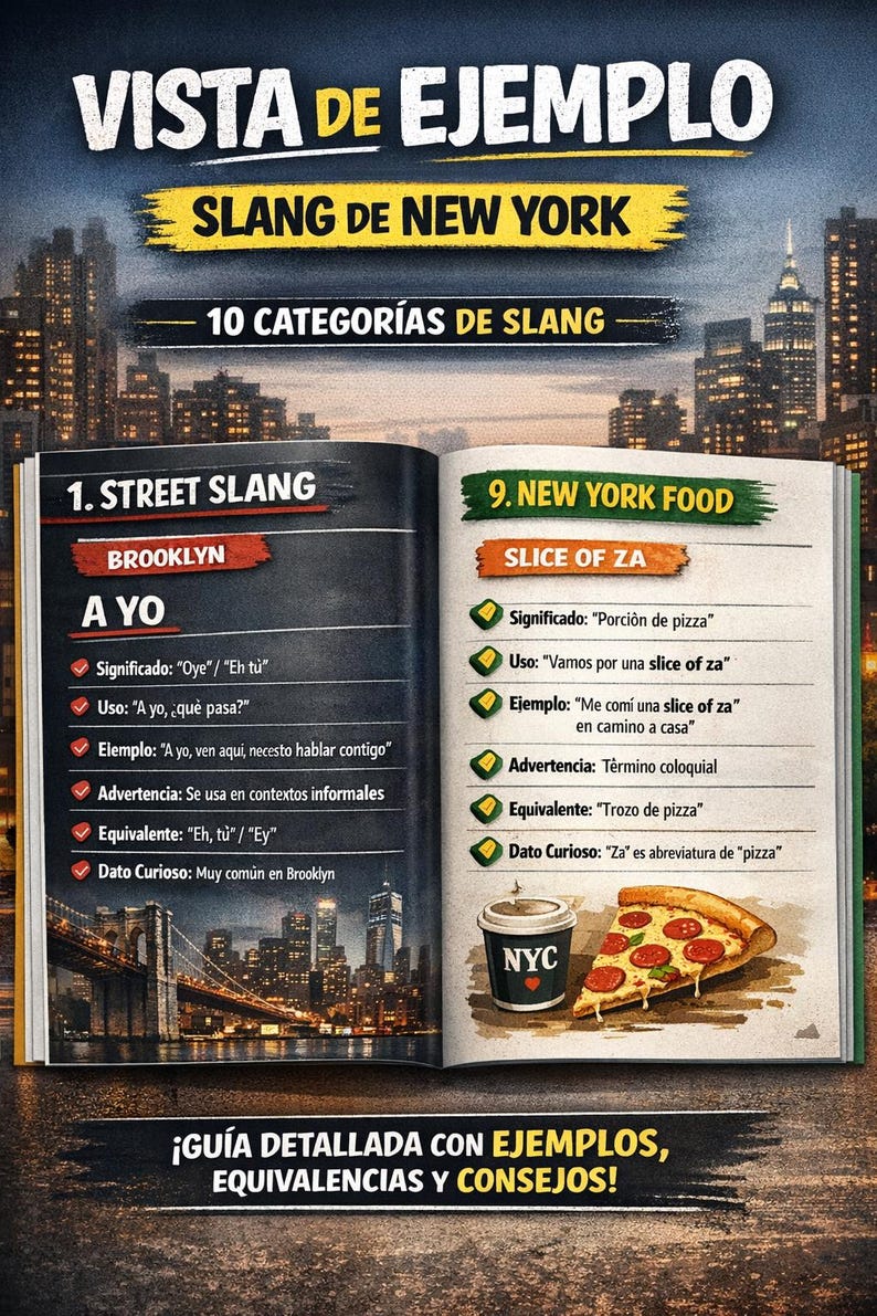 Puede incluir: Un libro abierto con ejemplos de jerga neoyorquina. Una p&aacute;gina presenta "A YO" de Brooklyn, y la otra muestra "SLICE OF ZA" con una porci&oacute;n de pizza y una taza de caf&eacute;.
