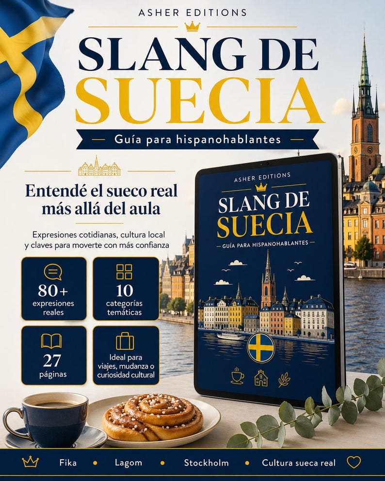 以下が含まれることがあります： 「Slang de Suecia」というタイトルの、スペイン語版スウェーデン語スラングガイドのプロモーション画像。表紙には都市景観とスウェーデンの国旗が描かれています。コーヒーカップ、ペストリー、ガイドの主な特徴を示すアイコンも含まれています。