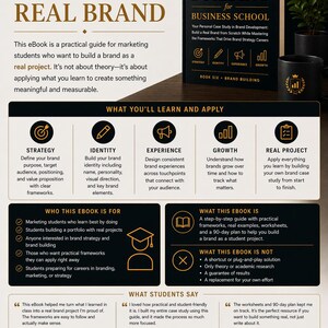 May include: A promotional image for an eBook titled "Your Guide to Building a Real Brand." The cover of the book, "Brand Building for Business School," is displayed. The image includes key learning points, target audience details, and student testimonials.