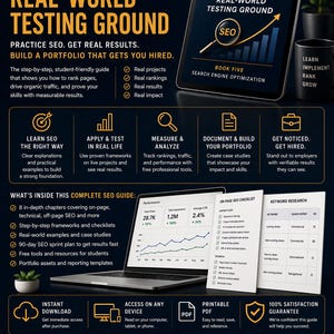May include: An advertisement for an SEO guide. The image features a tablet displaying "SEO Student's Real-World Testing Ground" and a laptop showing performance metrics. The guide promises to help users rank pages, drive traffic, and build a portfolio. Includes a satisfaction guarantee.