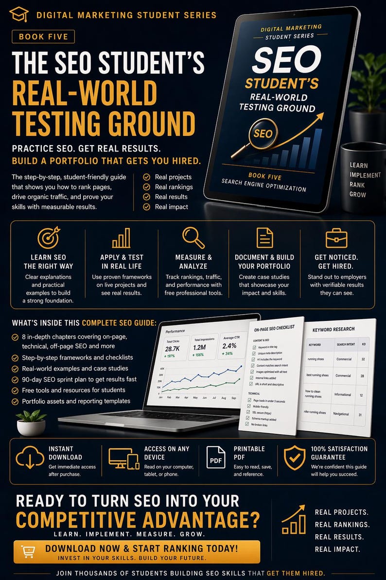 May include: An advertisement for an SEO guide. The image features a tablet displaying "SEO Student's Real-World Testing Ground" and a laptop showing performance metrics. The guide promises to help users rank pages, drive traffic, and build a portfolio. Includes a satisfaction guarantee.