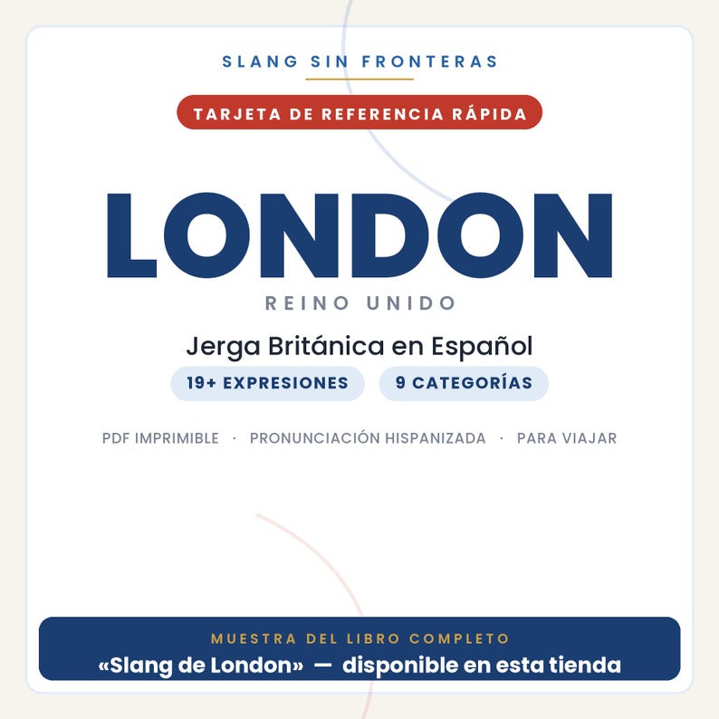 Puede incluir: Una tarjeta de referencia digital blanca titulada Slang Sin Fronteras con el texto London Reino Unido y Jerga Brit&aacute;nica en Espa&ntilde;ol. La tarjeta incluye detalles sobre 19+ expresiones, 9 categor&iacute;as y notas sobre un PDF imprimible y la pronunciaci&oacute;n.