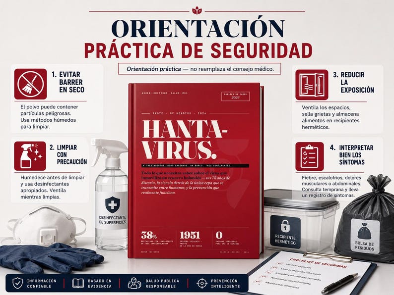 Puede incluir: Un cartel en espa&ntilde;ol con el t&iacute;tulo "ORIENTACI&Oacute;N PR&Aacute;CTICA DE SEGURIDAD" en rojo y blanco. Incluye instrucciones sobre c&oacute;mo evitar el Hanta-Virus, con un libro, desinfectante, guantes y una lista de verificaci&oacute;n.