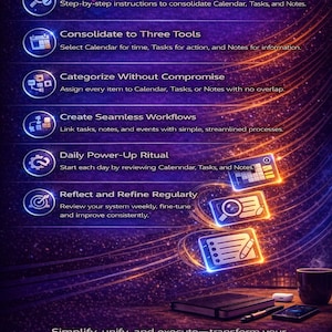 May include: An ebook titled "HOW TO USE THIS eBook" with a purple and orange gradient background. The image features steps to organize tasks, calendars, and notes. A notebook, pen, phone, and coffee cup are on a wooden surface.