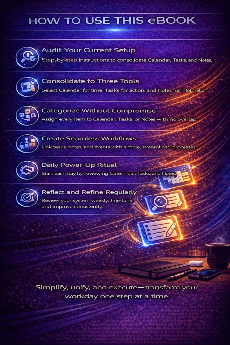 May include: An ebook titled "HOW TO USE THIS eBook" with a purple and orange gradient background. The image features steps to organize tasks, calendars, and notes. A notebook, pen, phone, and coffee cup are on a wooden surface.