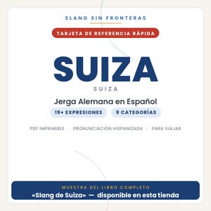 May include: A white digital reference card titled SLANG SIN FRONTERAS and TARJETA DE REFERENCIA R&Aacute;PIDA. It features the word SUIZA in large blue text, followed by Jerga Alemana en Espa&ntilde;ol, 19+ EXPRESIONES, 9 CATEGOR&Iacute;AS, and MUESTRA DEL LIBRO COMPLETO.