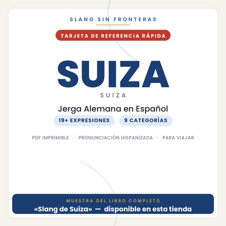 May include: A white digital reference card titled SLANG SIN FRONTERAS and TARJETA DE REFERENCIA R&Aacute;PIDA. It features the word SUIZA in large blue text, followed by Jerga Alemana en Espa&ntilde;ol, 19+ EXPRESIONES, 9 CATEGOR&Iacute;AS, and MUESTRA DEL LIBRO COMPLETO.