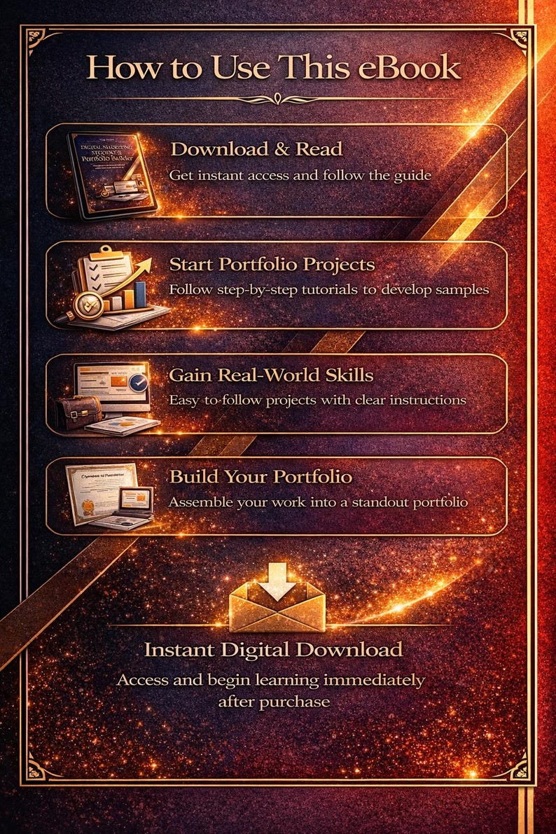 以下が含まれることがあります： 「How to Use This eBook」というタイトルの電子書籍ガイド。背景は暗く、金色のアクセントが施されています。ガイドでは、ダウンロードと読書、ポートフォリオプロジェクトの開始、現実世界のスキルの習得、ポートフォリオの構築という手順を説明しています。即時デジタルダウンロードを約束します。