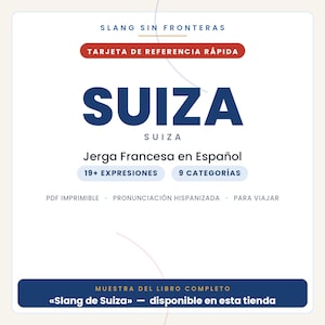 May include: A white digital reference card titled SLANG SIN FRONTERAS and TARJETA DE REFERENCIA R&Aacute;PIDA. It features the word SUIZA in large blue text, followed by Jerga Francesa en Espa&ntilde;ol, 19+ EXPRESIONES, 9 CATEGOR&Iacute;AS, and MUESTRA DEL LIBRO COMPLETO.