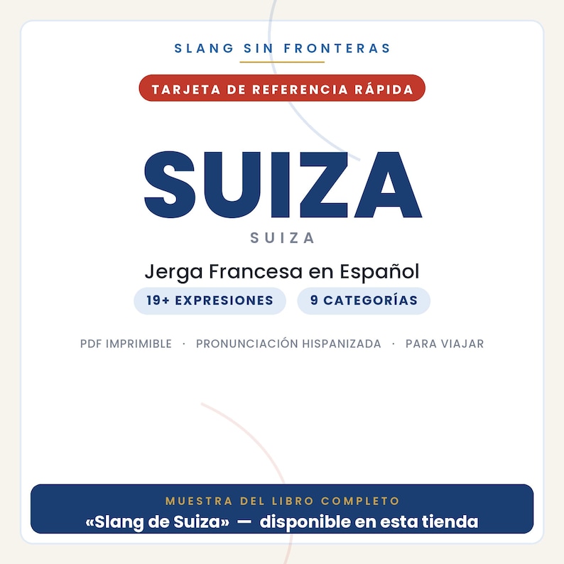 May include: A white digital reference card titled SLANG SIN FRONTERAS and TARJETA DE REFERENCIA R&Aacute;PIDA. It features the word SUIZA in large blue text, followed by Jerga Francesa en Espa&ntilde;ol, 19+ EXPRESIONES, 9 CATEGOR&Iacute;AS, and MUESTRA DEL LIBRO COMPLETO.