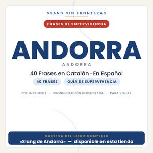 Pode incluir: Uma capa de documento digital intitulada SLANG SIN FRONTERAS FRASES DE SUPERVIVENCIA ANDORRA. Apresenta 40 frases em catal&atilde;o e espanhol, um guia de pron&uacute;ncia e uma nota indicando que esta &eacute; uma amostra do livro completo na loja.