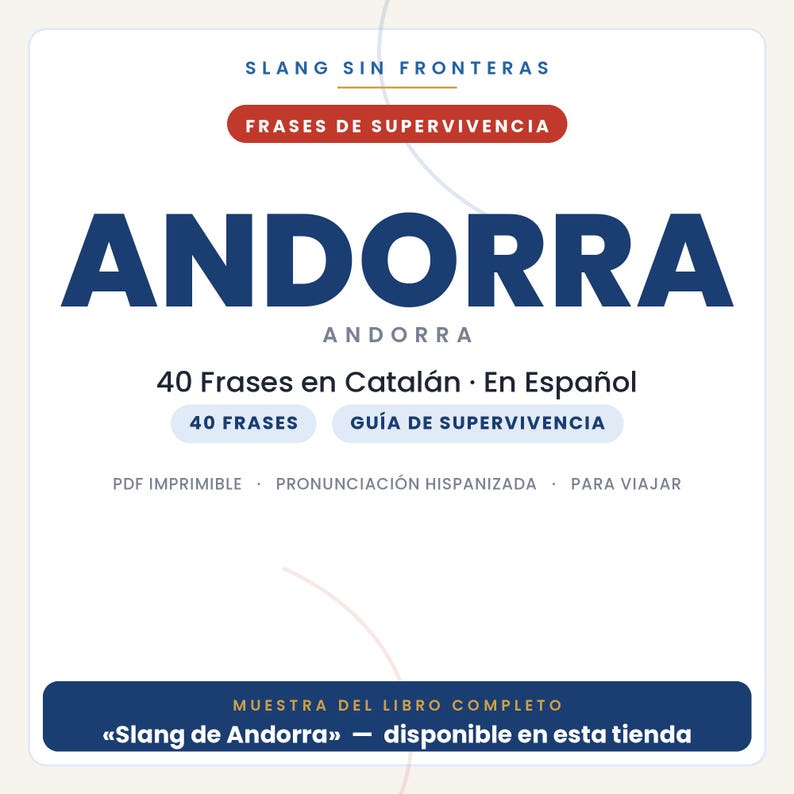 Pode incluir: Uma capa de documento digital intitulada SLANG SIN FRONTERAS FRASES DE SUPERVIVENCIA ANDORRA. Apresenta 40 frases em catal&atilde;o e espanhol, um guia de pron&uacute;ncia e uma nota indicando que esta &eacute; uma amostra do livro completo na loja.