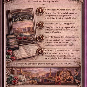 Puede incluir: Gu&iacute;a ilustrada titulada "Slang de Las Vegas" con instrucciones sobre c&oacute;mo usar el eBook. La imagen presenta un libro, un tel&eacute;fono inteligente, fichas de casino, dados y un paisaje urbano de Las Vegas.