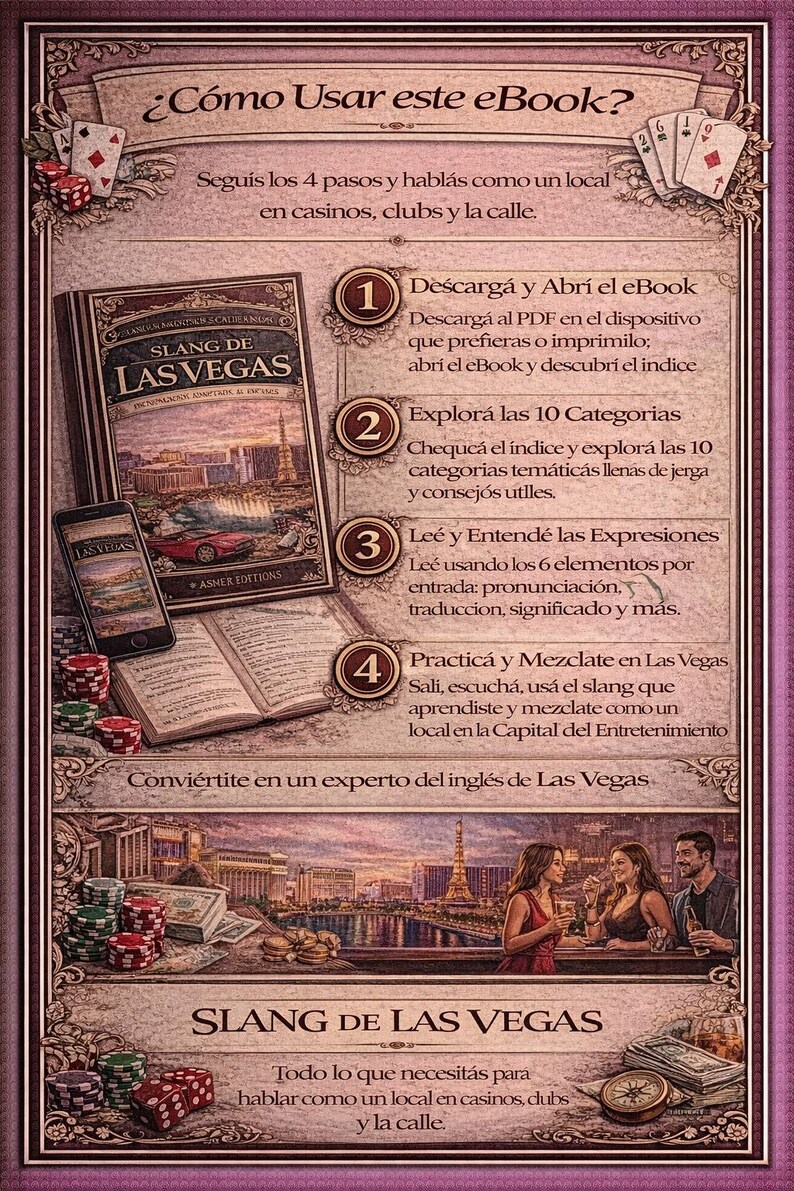 Puede incluir: Gu&iacute;a ilustrada titulada "Slang de Las Vegas" con instrucciones sobre c&oacute;mo usar el eBook. La imagen presenta un libro, un tel&eacute;fono inteligente, fichas de casino, dados y un paisaje urbano de Las Vegas.