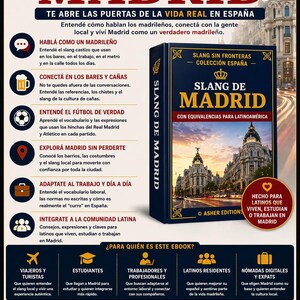 Puede incluir: Un ebook titulado "El Slang de Madrid" con una cubierta azul oscuro, con el t&iacute;tulo en letras rojas grandes. El libro promete desbloquear el Madrid real, con texto en espa&ntilde;ol y una ilustraci&oacute;n de paisaje urbano.