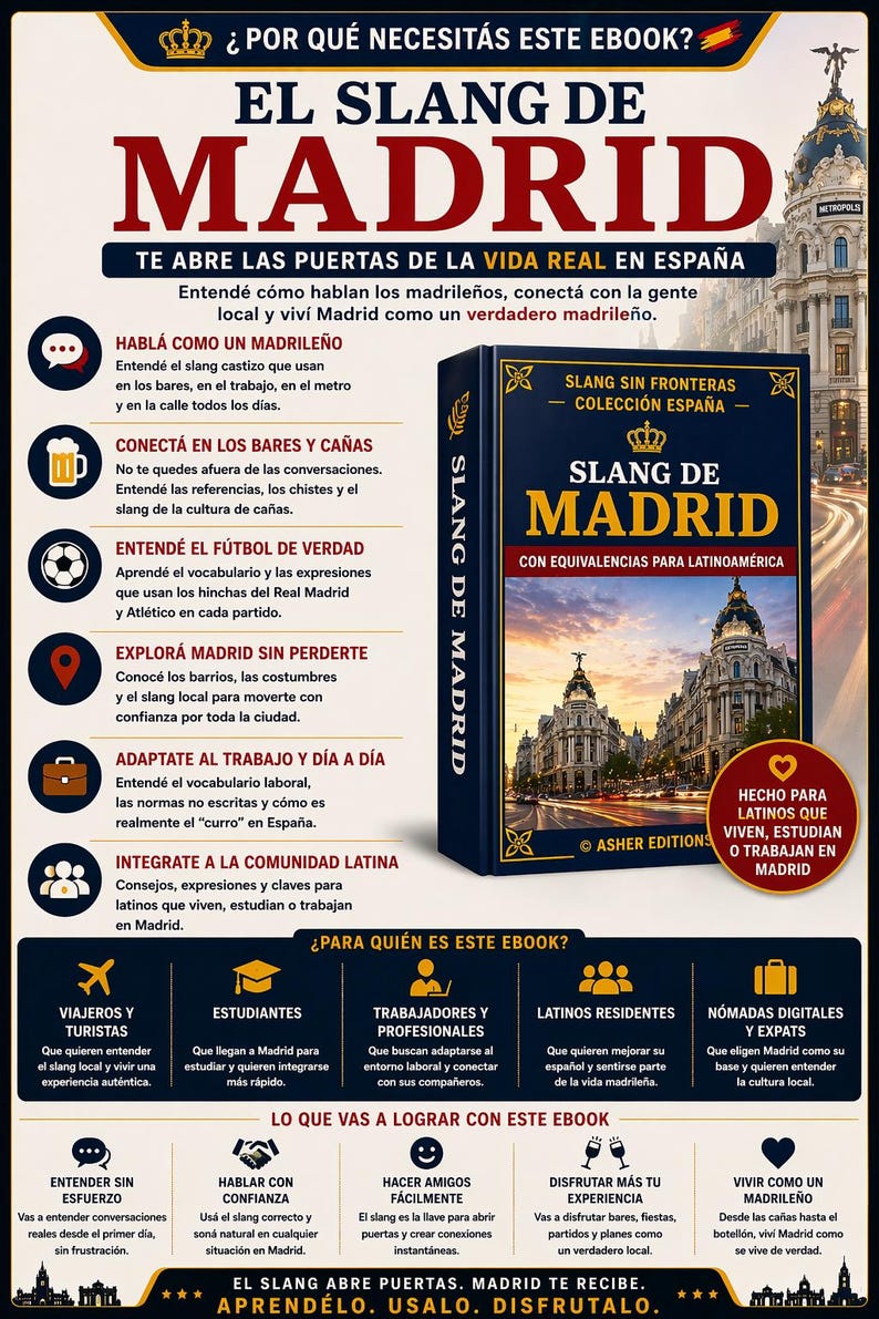 Puede incluir: Un ebook titulado "El Slang de Madrid" con una cubierta azul oscuro, con el t&iacute;tulo en letras rojas grandes. El libro promete desbloquear el Madrid real, con texto en espa&ntilde;ol y una ilustraci&oacute;n de paisaje urbano.