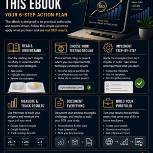 May include: An ebook cover titled "How to Use This Ebook" with a 6-step action plan. The image includes a tablet displaying "SEO Student's Real-World Testing Ground." The graphic also features SEO tools and tips for success, with a focus on digital marketing.