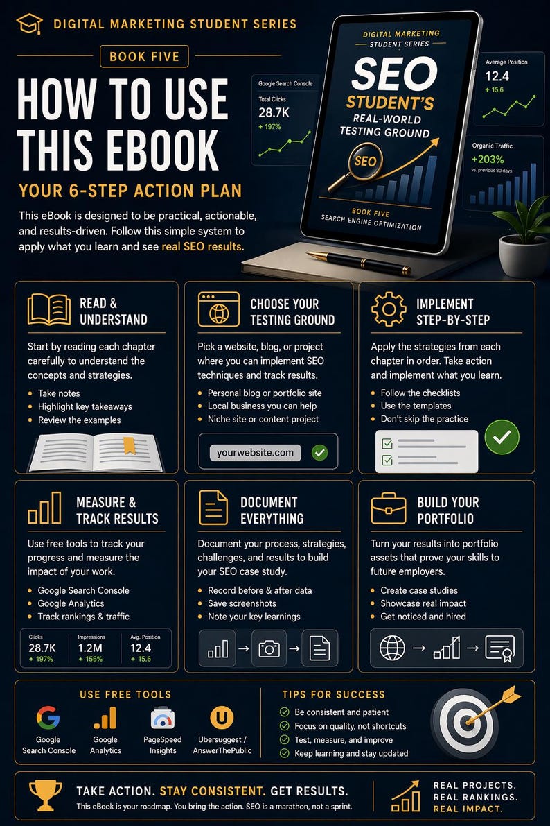 May include: An ebook cover titled "How to Use This Ebook" with a 6-step action plan. The image includes a tablet displaying "SEO Student's Real-World Testing Ground." The graphic also features SEO tools and tips for success, with a focus on digital marketing.