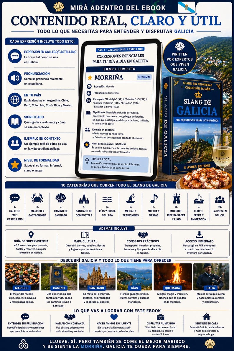 May include: A promotional image for an ebook titled "Slang de Galicia" with a blue and white cover. The cover features a lighthouse and a glass of wine. The image also includes text and graphics about Galician culture.
