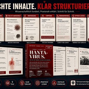 May include: A display of educational materials about Hantavirus, including a book, a tablet, and several informational cards. The book cover is red with white text. The tablet shows diagrams and text. The cards have titles like "Symptoms" and "FAQ".