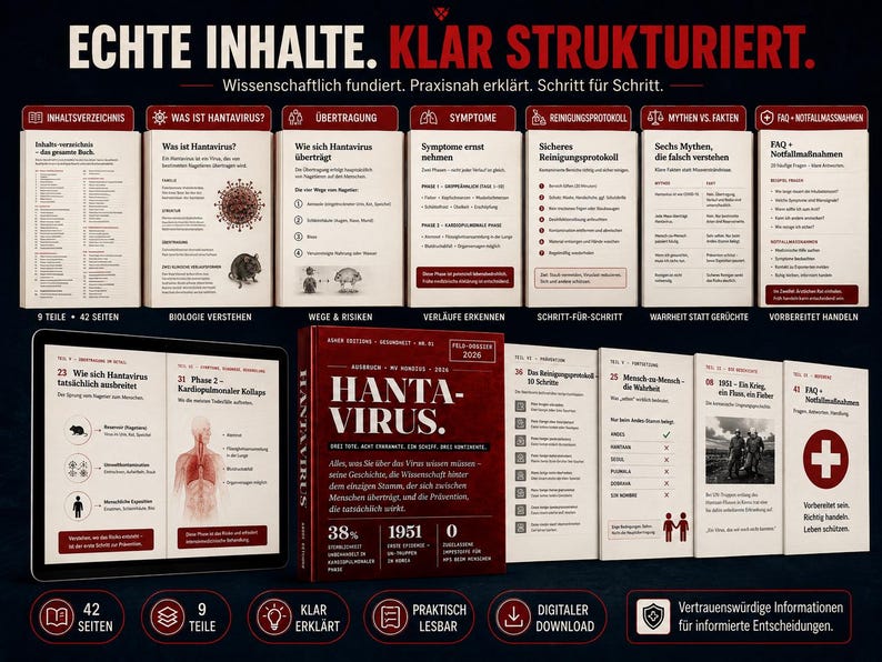 May include: A display of educational materials about Hantavirus, including a book, a tablet, and several informational cards. The book cover is red with white text. The tablet shows diagrams and text. The cards have titles like "Symptoms" and "FAQ".