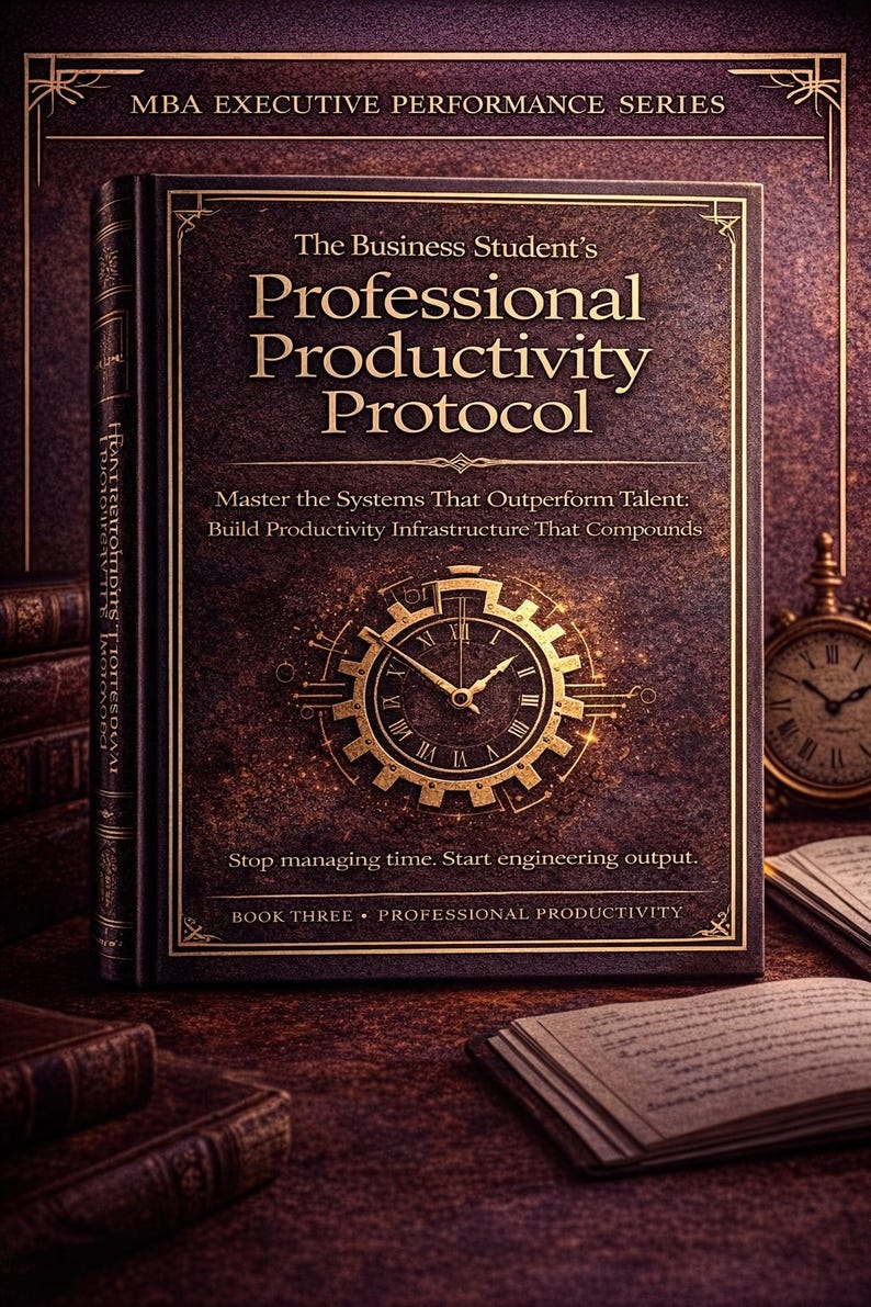 Puede incluir: Un libro de tapa dura titulado "Professional Productivity Protocol" con letras doradas y un dise&ntilde;o de reloj. El libro forma parte de la serie MBA Executive Performance. El texto de la portada incluye "Master the Systems That Outperform Talent".