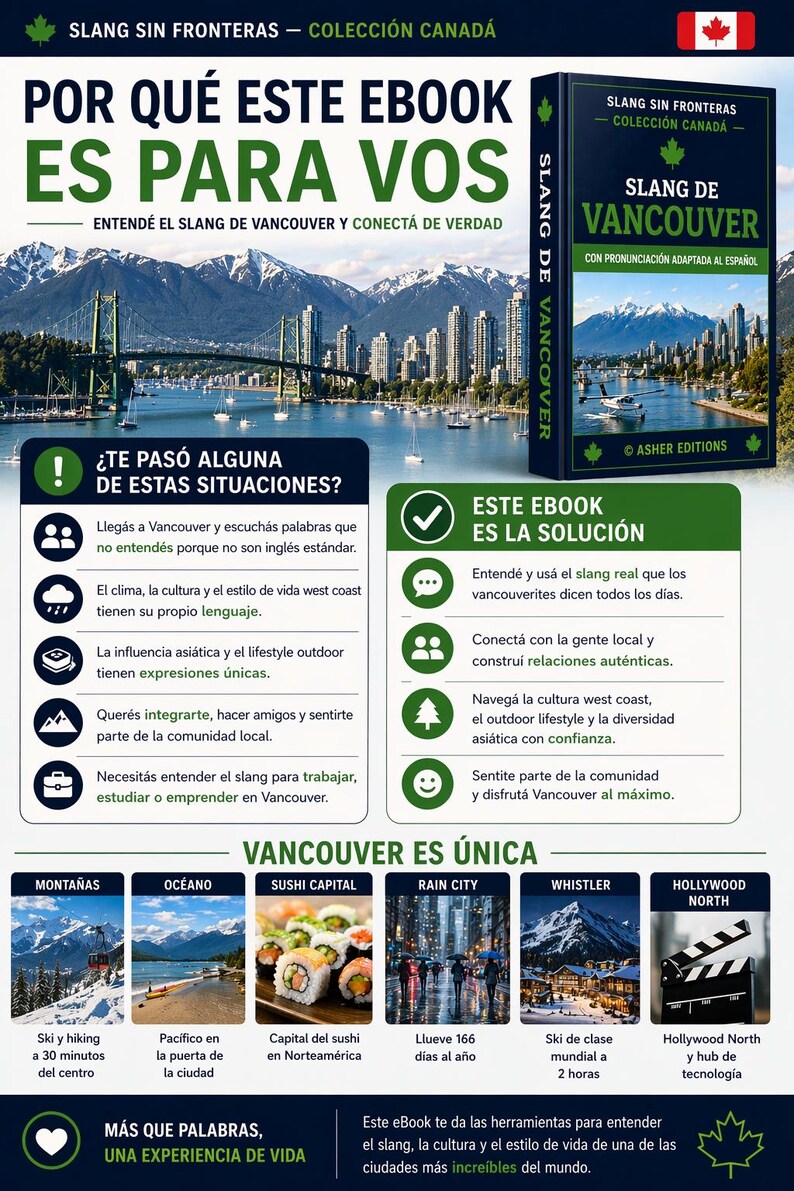 May include: An ebook cover titled "Slang de Vancouver" with a cityscape background. The cover is green and white, with text in Spanish. It promises to help readers understand Vancouver slang and connect with the local culture.