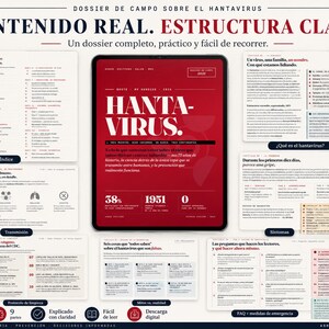 Puede incluir: Un dossier digital sobre el Hantavirus, titulado "CONTENIDO REAL. ESTRUCTURA CLARA." La portada es roja con las palabras "HANTA-VIRUS" en letras blancas grandes. El dossier incluye secciones sobre transmisi&oacute;n, s&iacute;ntomas y medidas de emergencia.