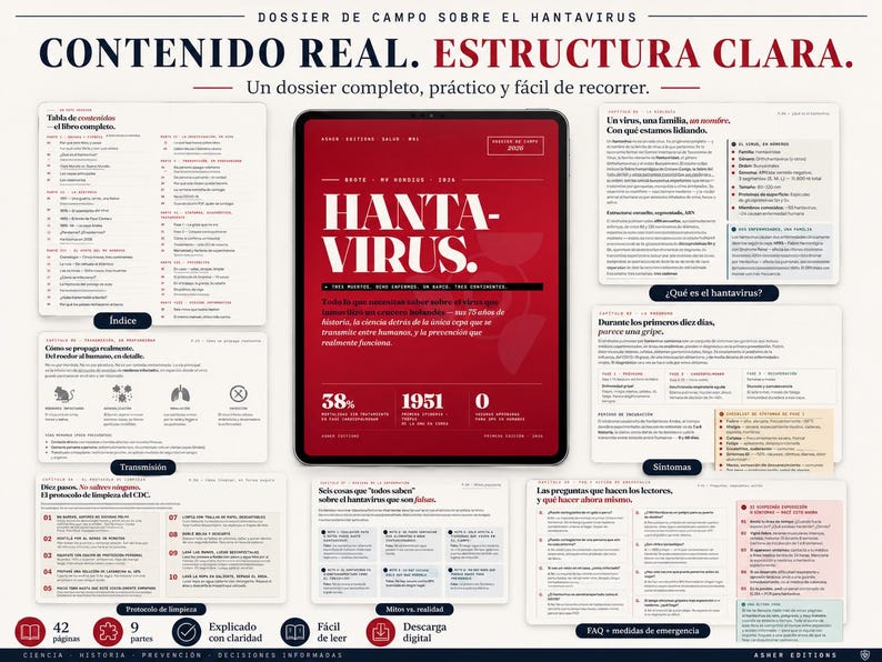 Puede incluir: Un dossier digital sobre el Hantavirus, titulado "CONTENIDO REAL. ESTRUCTURA CLARA." La portada es roja con las palabras "HANTA-VIRUS" en letras blancas grandes. El dossier incluye secciones sobre transmisi&oacute;n, s&iacute;ntomas y medidas de emergencia.