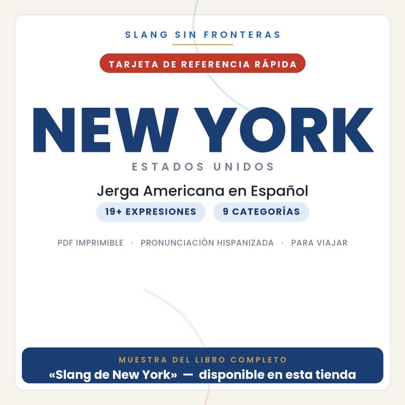 New York-slang på spanska | Amerikansk slang i utskrivbar PDF | Riktiga fraser för att resa till New York | Förhandsvisning av hela boken bild 1