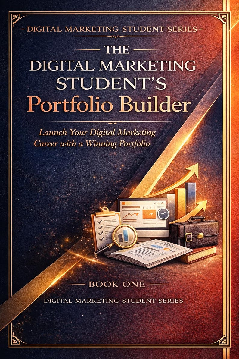 以下が含まれることがあります： 「The Digital Marketing Student's Portfolio Builder」の表紙。表紙は、デジタルマーケティングツールをイラストで表現し、金色のアクセントが施された暗い背景です。「Digital Marketing Student Series」と「Launch Your Digital Marketing Career」の文字が含まれています。
