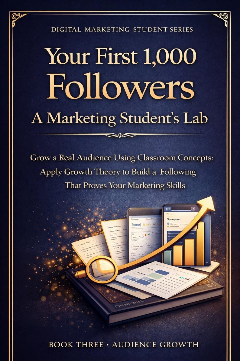 May include: Book cover for "Your First 1,000 Followers", part of the "Digital Marketing Student Series". The dark blue cover features gold text and graphics, including charts and mobile devices, focusing on audience growth for marketing students.