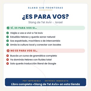 May include: A white informational graphic with dark blue text titled Slang Sin Fronteras and Es Para Vos. It lists criteria for Tel Aviv slang study using green checkmarks for yes and red x marks for no, ending with a dark blue bar stating PDF Imprimible.