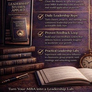 Puede incluir: Anuncio de un libro electr&oacute;nico titulado "Leadership Studies Applied" que se muestra en una tableta. La imagen presenta pilas de libros, un bol&iacute;grafo y un reloj antiguo. El texto destaca beneficios como la conexi&oacute;n entre teor&iacute;a y pr&aacute;ctica.