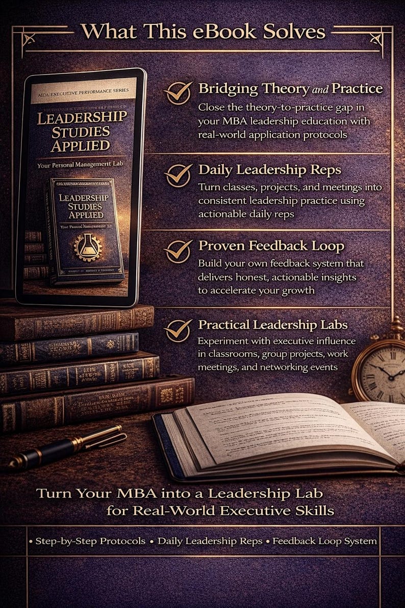 Puede incluir: Anuncio de un libro electr&oacute;nico titulado "Leadership Studies Applied" que se muestra en una tableta. La imagen presenta pilas de libros, un bol&iacute;grafo y un reloj antiguo. El texto destaca beneficios como la conexi&oacute;n entre teor&iacute;a y pr&aacute;ctica.