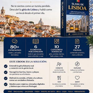 May include: A book cover for "Slang de Lisboa" in Portuguese, with the title in large letters. The cover features a photo of a yellow tram and a cityscape. The book promises to help travelers understand Lisbon slang.