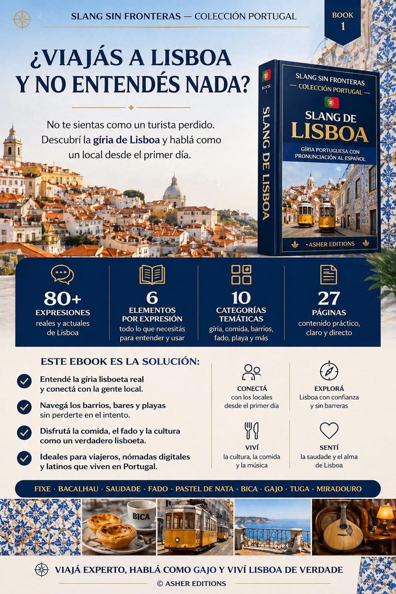 May include: A book cover for "Slang de Lisboa" in Portuguese, with the title in large letters. The cover features a photo of a yellow tram and a cityscape. The book promises to help travelers understand Lisbon slang.