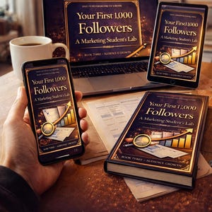 May include: A digital marketing guide titled "Your First 1,000 Followers" displayed on a laptop, smartphone, tablet, and a book. The book cover and digital screens feature a gold and dark blue design with a magnifying glass and a rising graph.