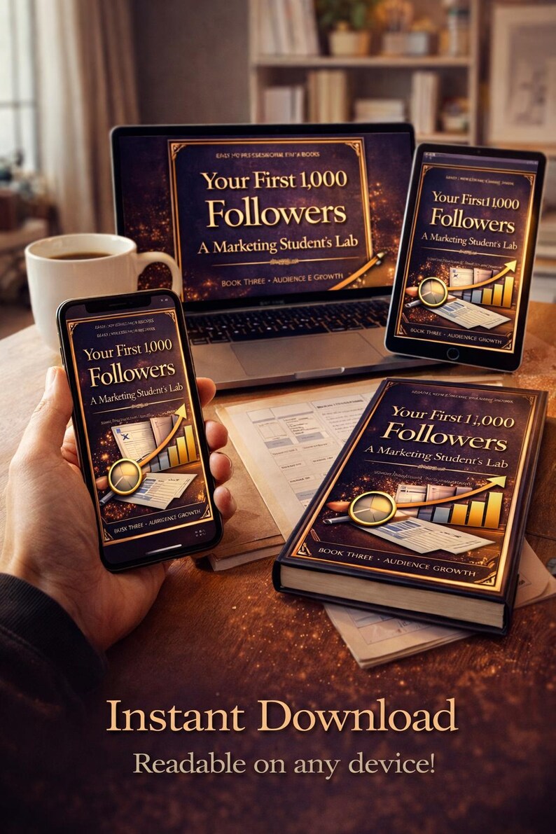 May include: A digital marketing guide titled "Your First 1,000 Followers" displayed on a laptop, smartphone, tablet, and a book. The book cover and digital screens feature a gold and dark blue design with a magnifying glass and a rising graph.